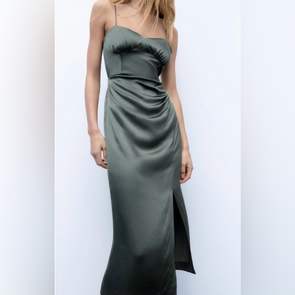 Zara Olive Green Asymmetrical Satin Slip Dress - Picture 3 of 12